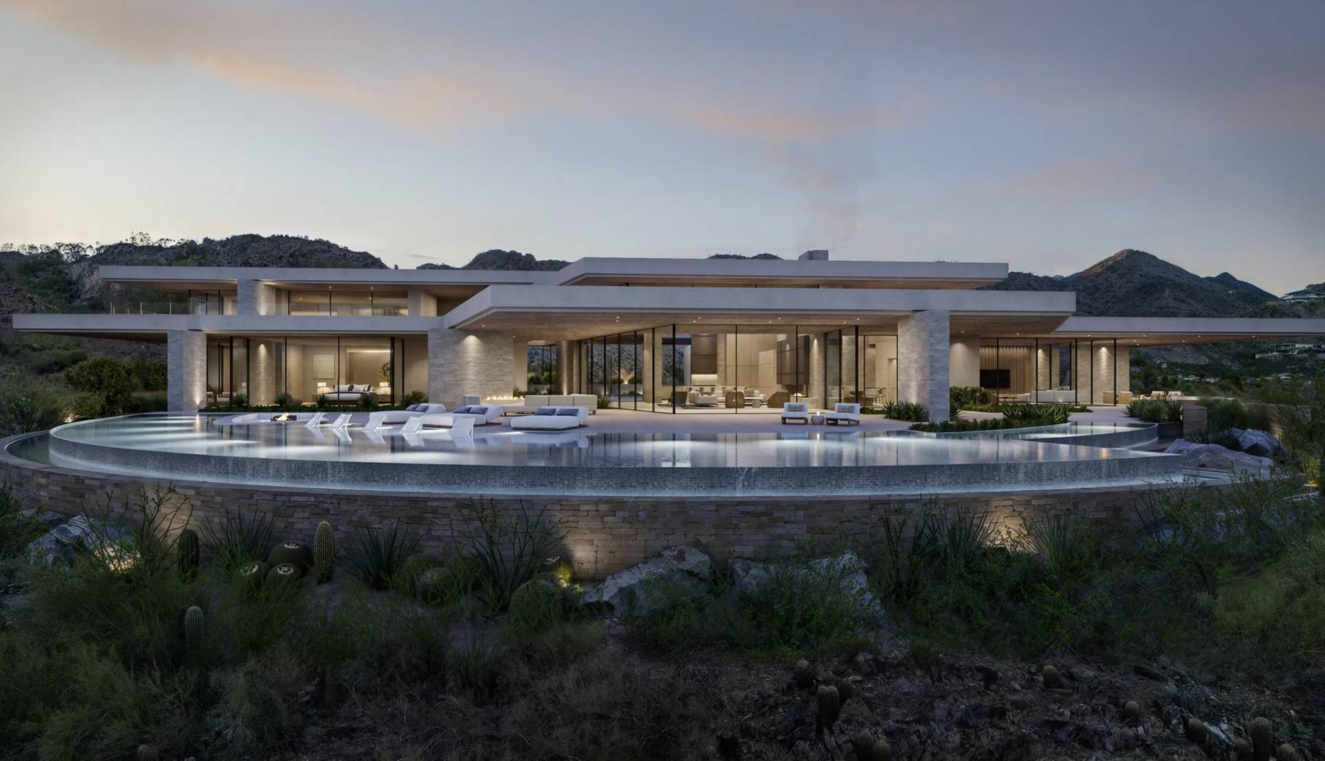 The Pardis — a new luxury estate in Paradise Valley, Arizona: the crescent pool on its stone rampart at dusk; Estate II of the One of One Catalogue