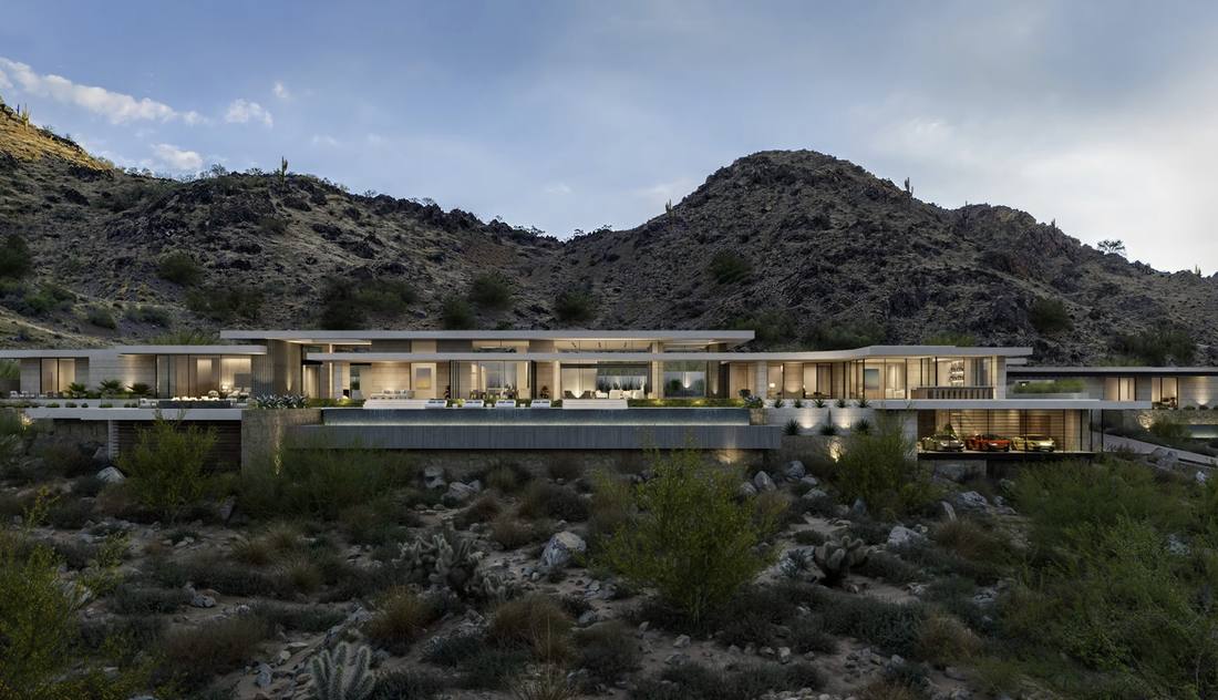 The Otium — a new luxury estate on Mummy Mountain in Paradise Valley, Arizona, at dusk; Estate I of the One of One Catalogue