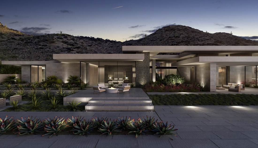 The Otium — entry courtyard at night, Paradise Valley, Arizona